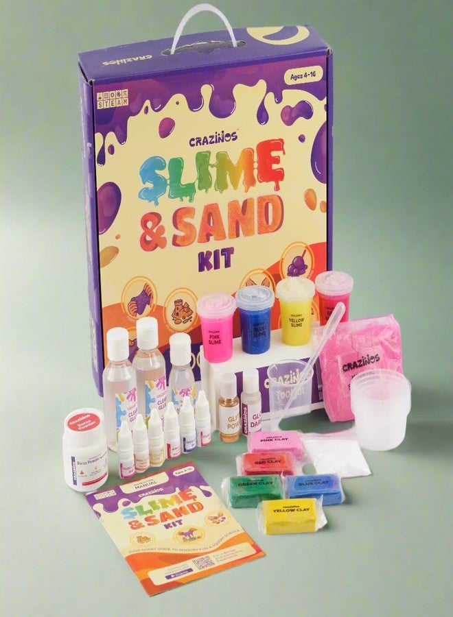 CRAZINOS 3 in 1 Slime, Sand and Clay Kit | 100+ Hands-On STEM & Sensory Activities | for 3-4 Learners | Kids Age 4-16 | by Crazy XYZ - Image 1